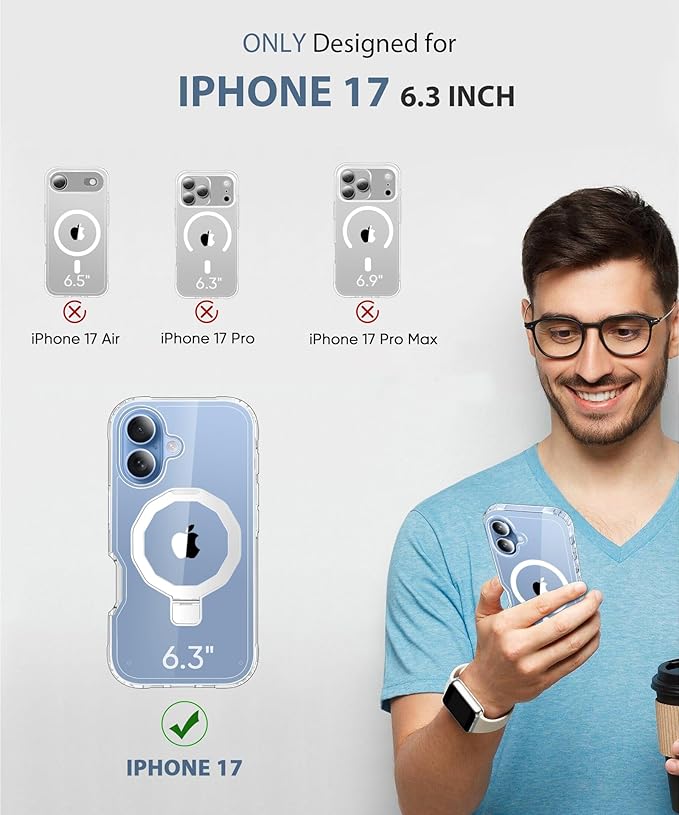 Compatible with iPhone 17 Case, Built-in Screen Protector & Seamless Stand, with Camera Lens Protector, Strong Magnetic Clear Phone Case, Full Body Protective Cover for 6.3" (Clear)