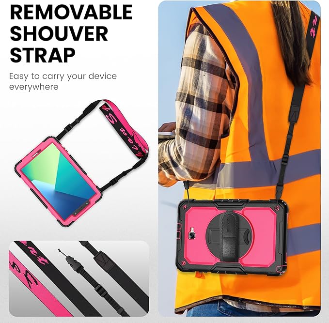 Timecity Case for Galaxy Tab A 10.1 2016 Release (SM-T580 T585 T587), Heavy Duty Protection Case with Screen Protector, Swivel Stand, Hand Strap and Shoulder Strap Stylus Holder - Rose