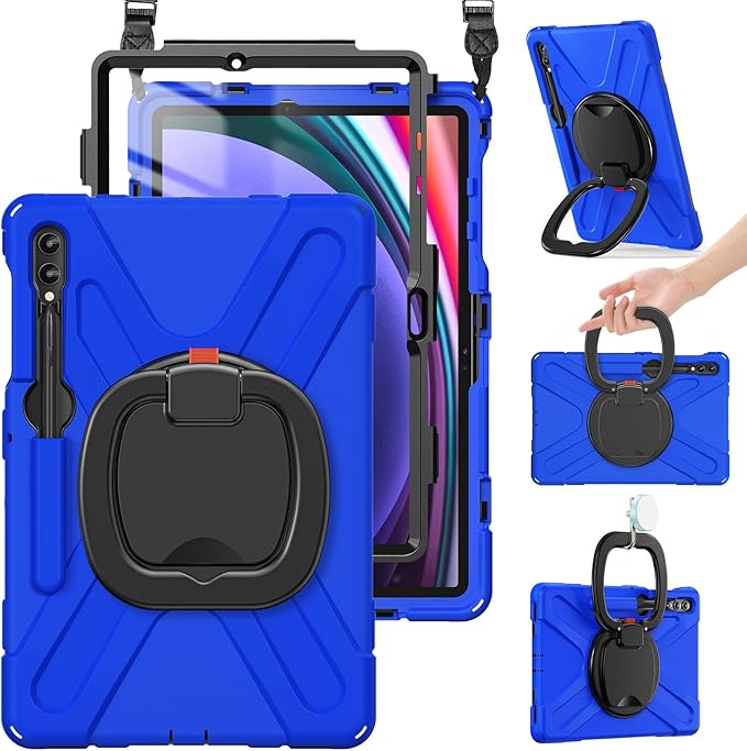 BRAECN Case for Galaxy Tab S10+/S9 FE+/S9+/S8+/S7 FE/S7+ 12.4 Inch SM-X820/X810/X800, Rugged Silicone Cover with Screen Protector, Kickstand, Shoulder Strap, S Pen Holder for Galaxy Tab S9 Plus, Blue