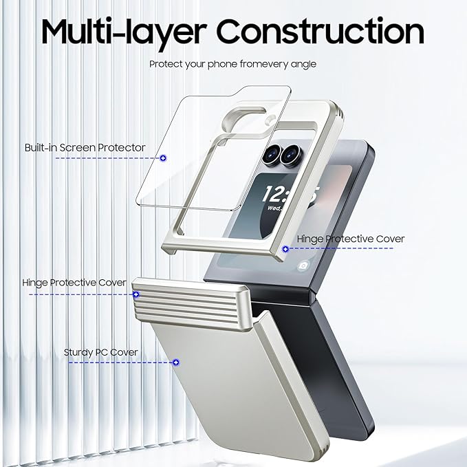 CENMASO for Galaxy Z Flip 6 Case/Z Flip 7 FE Case with Hinge Protection & Built-in Screen Protector, Ultra-Thin Full-Body Shockproof Protection Phone Case for Z Flip 6/Flip 7 FE-Natural Titanium