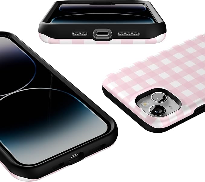 Casely iPhone 14 Case | Pink Plaid | Sunday Best | Compatible with MagSafe | Bold Protective Design