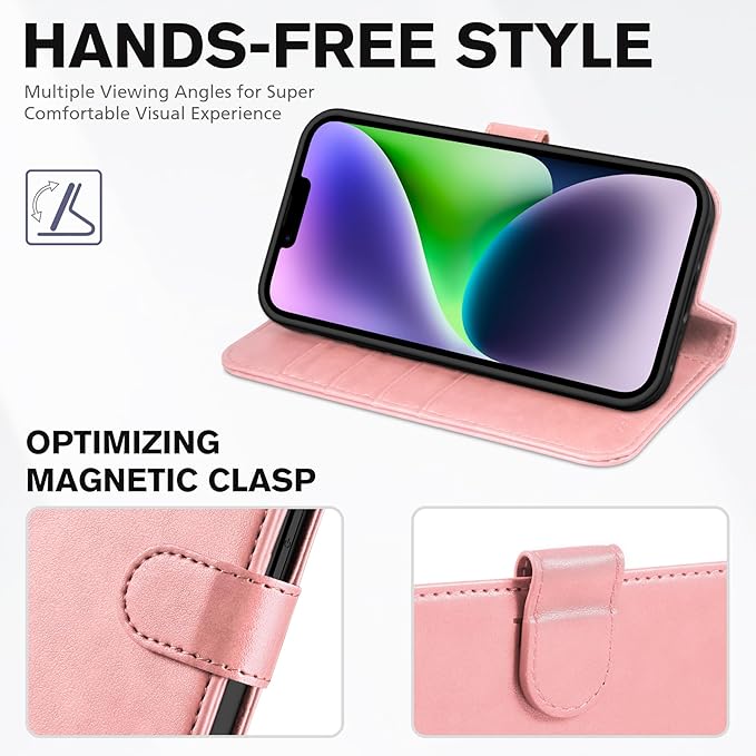 TUCCH Wallet Case for iPhone 14 6.1-inch 5G, [TPU Shockproof Inner Shell] PU Leather [RFID Blocking] 4 Credit Card Holder Magnetic Kickstand Flip Cover Compatible with iPhone 14 (6.1"), Rose Gold