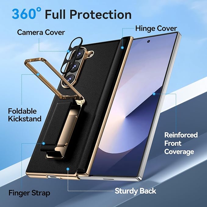 for Samsung Galaxy Z Fold 6 Case with Kickstand,【Military Grade Hinge Protection】【Camera Cover】, Scratch Resistant Shockproof Leather Phone Case for Z Fold 6 Case, Black（Back cover version）