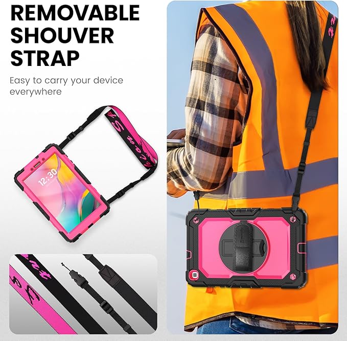 Timecity Case Compatible with Galaxy Tab A 8.0" 2019 SM-T290/T295/T297, with Built-in Screen Protector&360 Degree Swivel Stand&Hand Strap&Shoulder Strap Protective Case for Tab A 8.0 2019-Rose