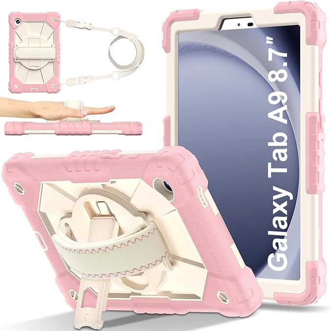 for Samsung Galaxy Tab A9 Case 8.7 inch (SM-X110/X115/X117), Heavy Duty Shockproof Silicone Cover Rugged 360 Stand Hand Shoulder Strap for Galaxy A9 Tablet Rose Red+Cream Stone