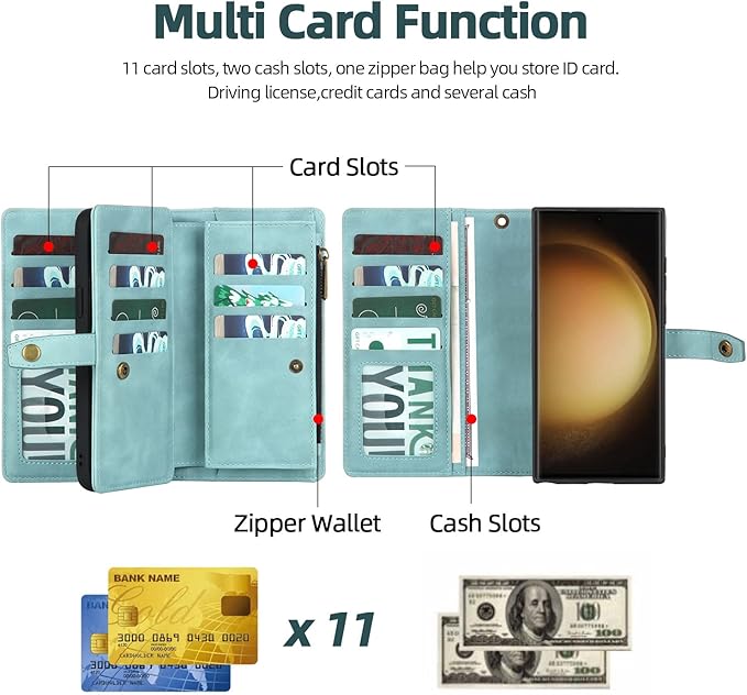 TwoHead for Samsung Galaxy S23 Ultra Wallet Case with Card Holder, PU Leather Detachable Magnetic Phone Case for S23 Ultra 6.8 in(Dream Blue)