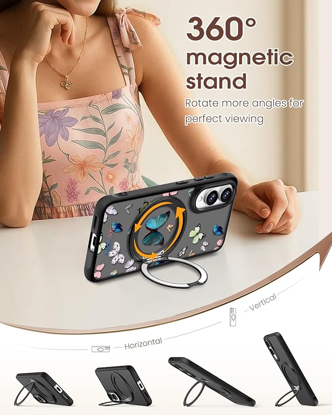 for Samsung Galaxy S25 Edge Case with 360° Rotatable Magnetic Ring - Compatible with MagSafe, Semi-Transparent Soft-Touch Material Shockproof, Cute Butterfly Design for Women Girl