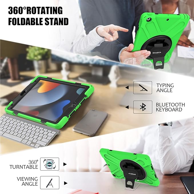 BRAECN for iPad 9th/8th/7th Generation Case, iPad 10.2 inch Heavy Duty Rugged Case with Built in Screen Protector, Hand Strap, Swiveling Stand/Shoulder Straps for iPad 10.2 2021/2021/2019-Green