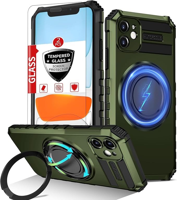 for iPhone 11 Case Compatible with MagSafe Magnetic,with 2 Tempered Glass Screen Protectors,Built-in 360°Kickstand Ring,Military Grade Drop Shockproof Heavy Duty Protection Phone Bumper Green