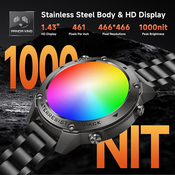 GPS Smart Watch for Men Military Rugged Smartwatches,Compass,50M Waterproof, 500mAh Large Battery,Answer/Make Call, 1.43" AMOLED Screen, Compatible for Android iOS (2 Bands) Black