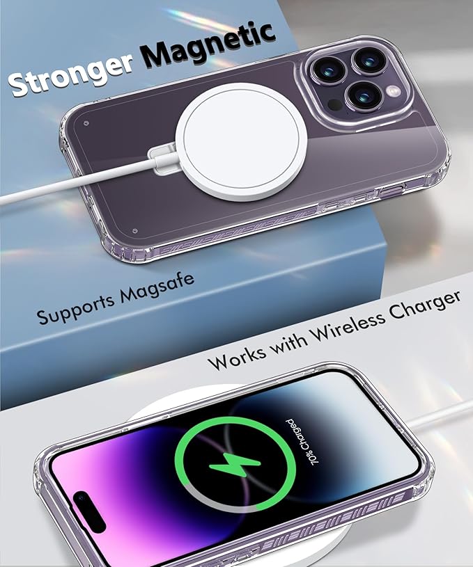 Compatible with iPhone 14 Pro Max Case, Built-in Screen Protector & Seamless Stand, with Camera Lens Protector, Strong Magnetic Clear Phone Case, Full Body Protective Cover for 6.7" (Clear)