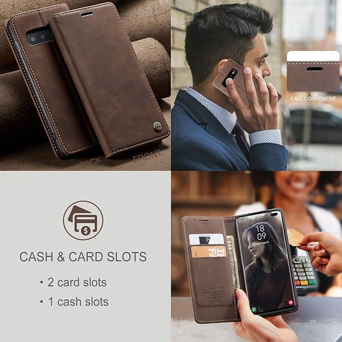 for Samsung Galaxy S10 Plus Case, Flip Wallet Leather Case with Card Holder Magnetic Closure Shockproof Kickstand Protective Phone Cases Cover for Samsung S10 Plus,Coffee