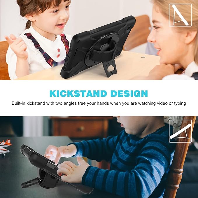 TSQQST Case for Lenovo Tab M8 4th Gen 2024/2023 Model TB301XU/TB-300FU for Kids | Full Body Protection Case with [360 Rotating Stand] & Hand Strap Function Cover for Lenovo M8 Tablet | Black