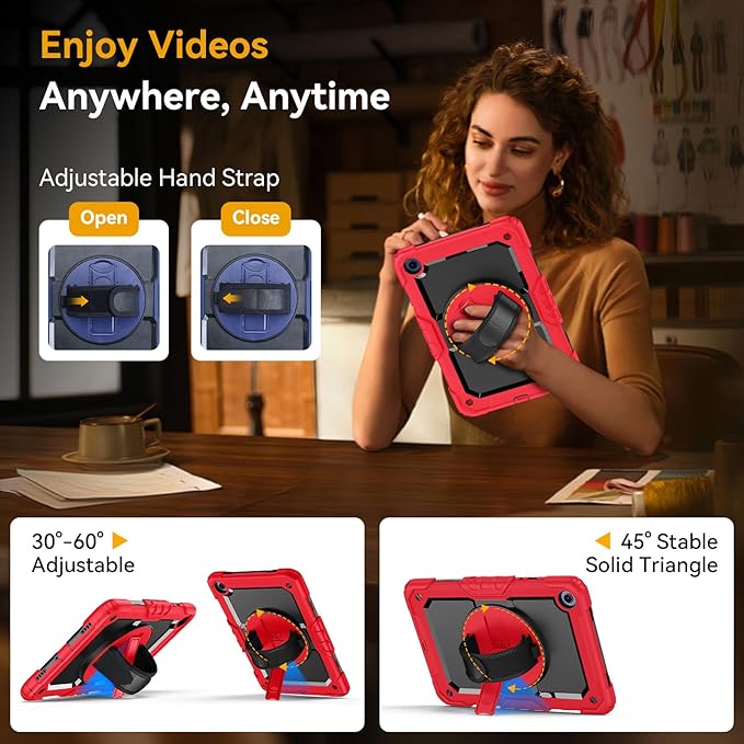 Case for Samsung Galaxy Tab A9+/A9 Plus 11 Inch 2023(SM-X210/X216/X218), Ubearkk Full-Body Drop Protection Case with Screen Protector, 360° Rotating Stand and Hand/Shoulder Strap, Red