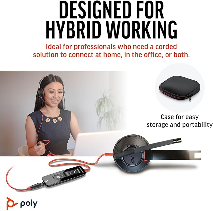 Poly Blackwire 5220 Wired Headset - Flexible Boom Mic - Noise Cancelling Headphones with Mic - USB-C, USB-A, 3.5mm - Ergonomic Over-Ear Design - Works with Microsoft Teams, Zoom - Work from Home