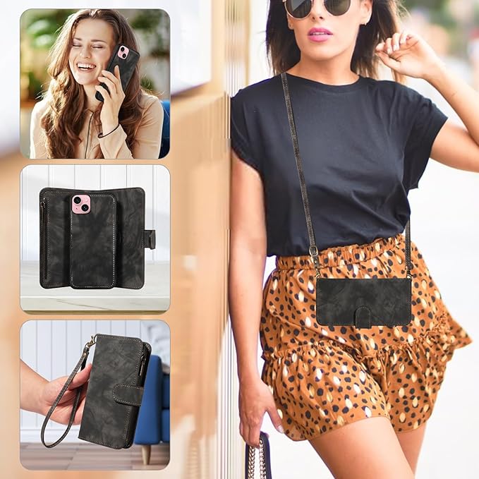 Asuwish Phone Case for iPhone 15 6.1 inch Zipper Wallet Magnetic Cell Cover with Tempered Glass Screen Protector Crossbody Strap Flip Credit Card Holder iPhone15 5G i i-Phone i15 15Case Women Black