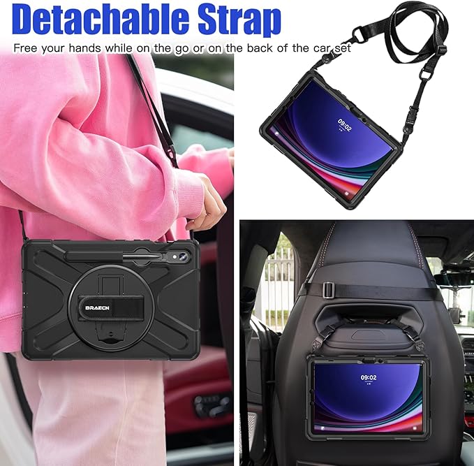 BRAECNstock for Samsung Galaxy Tab S10 Lite/ S10 FE/ S9 FE/ S9/ S8/ S7 5G Case 10.9"/11", Shockproof Protective Case with Pencil Holder, 360° Rotating Hand Strap & Stand, Shoulder Strap, Black