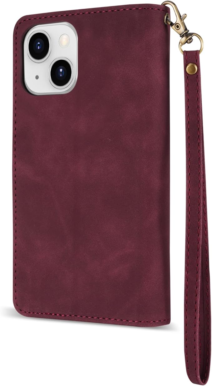 ZZXX for iPhone 14 Plus Case Wallet with [RFID Blocking] Card Slot Premium PU Leather Zipper Flip Folio with Wrist Strap Kickstand Protective Cover for iPhone 14 Plus Wallet Case(Wine Red-6.7 inch)
