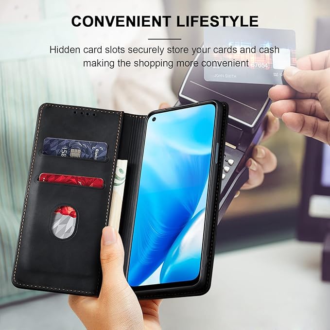 Jasonyu Flip Wallet Case for OnePlus Nord N200 5G,Leather Magnetic Folio Cover with Card Holder,Kickstand - TPU Shockproof Durable Protective Phone Case,Black