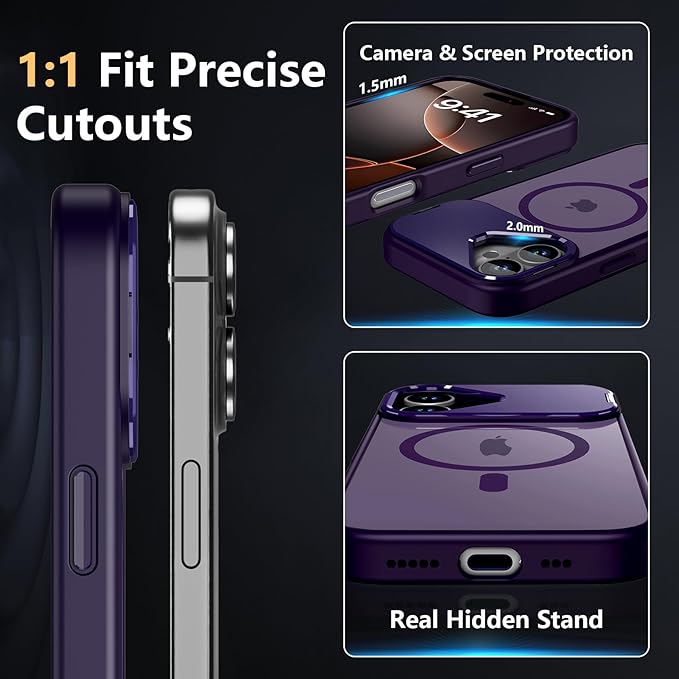Innaght Magnetic for iPhone 16 Case with Stand,Compatible with MagSafe,Rugged,Heavy Duty,Protective Case Kickstand,[Built-in Invisible Stand],Purple