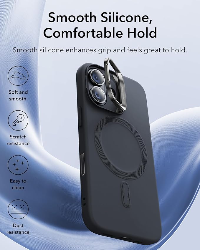 ESR Silicone Case for iPhone 17, Built-in Camera Stash Stand Compatible with MagSafe, Military-Grade Drop Protection Magnetic Phone Case for iPhone 17, Cloud Series, Black