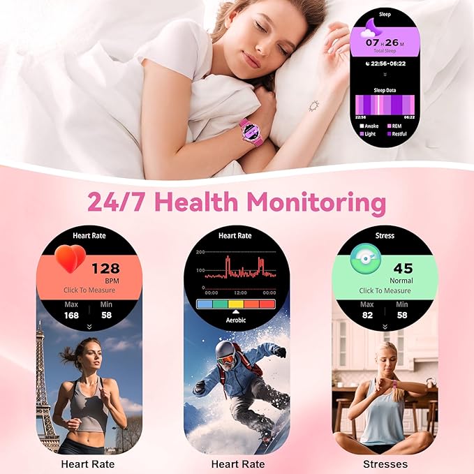 Smart Watch for Women with Make/Answer Call, 1.2" Adjustable Fitness Watch with Heart Rate Sleep Monitor Female Cycle and 100+ Sports Modes (W02-Rose Pink)