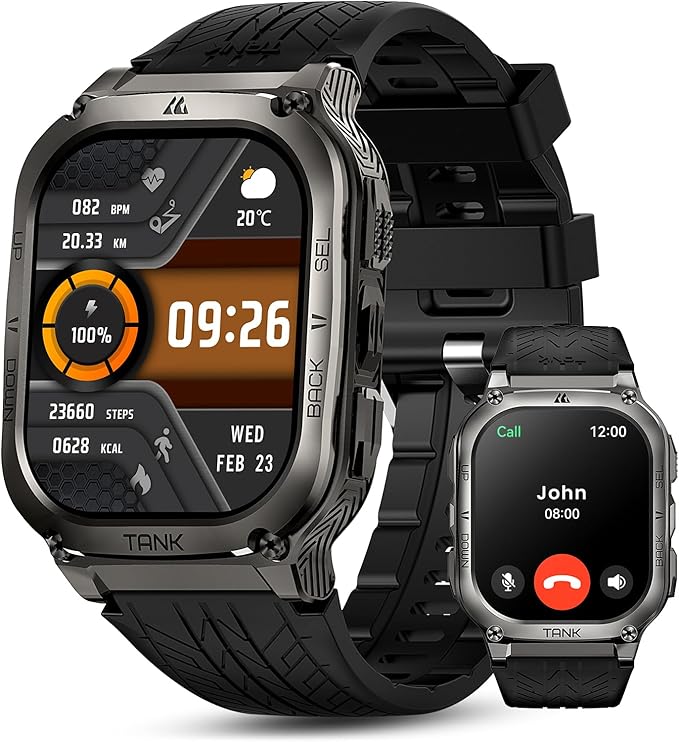 AMAZTIM Smart Watch, 60 Days Extra-Long Battery, 50M Waterproof, Rugged Military Bluetooth Call(Answer/Dial Calls), 2.0" Ultra Large HD Display, AI Voice Assistant (Shiny Black)