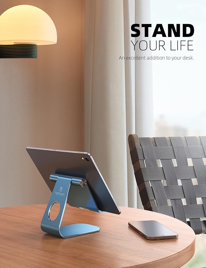 Lamicall Tablet Stand, Adjustable Tablet Holder - Desktop Stand Dock Holder Compatible with 4-13" Tablets Such as iPad Pro 11, 9.7, 10.5, 12.9 Air Mini, Kindle, Tab, iPhone Air 17 Pro Max, Blue