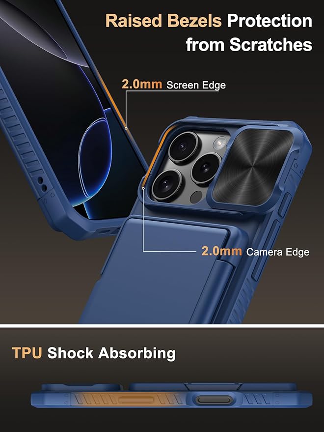 Vihibii for iPhone 16 Pro Wallet Case with Card Holder (4 Cards) [RFID Blocking] & Slide Camera Cover & Raised Edges Protect Screen, Shockproof Rugged Phone Cover for iPhone 16 Pro 6.3" 2024, Blue