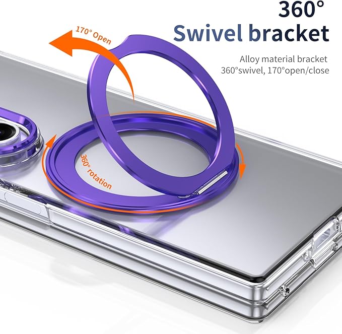 for Samsung Galaxy Z Fold 7 Case with Magnetic Ring Holder, 360 Rotating Bracket, Built-in Front Screen Len Protector, Anti-Yellowing & Anti-Fingerprint Crystal Clear Case.(Violet)