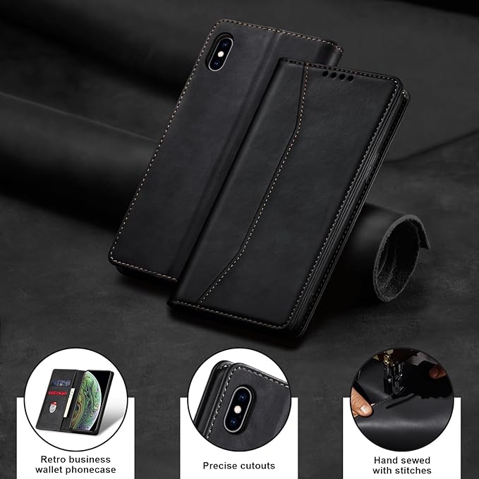 Jasonyu Flip Wallet Case for iPhone X/XS,Leather Magnetic Folio Cover with Card Holder,Kickstand - TPU Shockproof Durable Protective Phone Case,Black