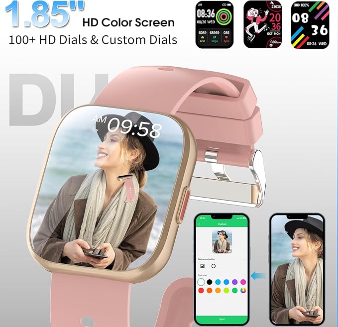 Smart Watch for Men Women Bluetooth Call, 1.85" HD Touch Screen Fitness Watch with Sleep Heart Rate Monitor, 112+ Sports Modes, IP68 Waterproof Activity Trackers for Android iOS, Pink