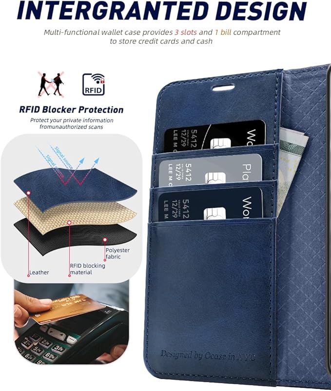 OCASE Compatible with Galaxy S24 5G Wallet Case, PU Leather Flip Folio Case with Card Holders RFID Blocking Kickstand [Shockproof TPU Inner Shell] Phone Cover (2024), Spliced Blue