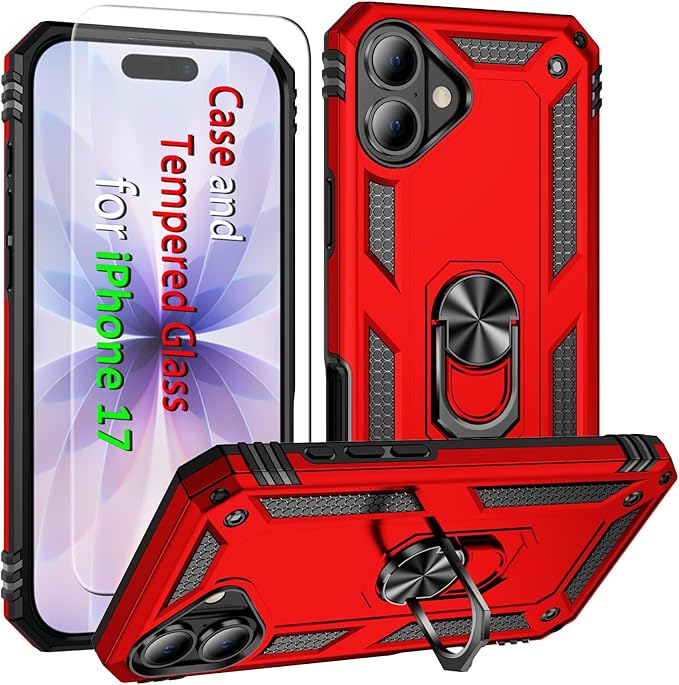ADDIT Compatible with iPhone 17 Case with Tempered Glass Screen Protector, Adjustable Kickstand Ring, Military-Grade Heavy Duty Protection, Shockproof, Anti-Fingerprint,Red