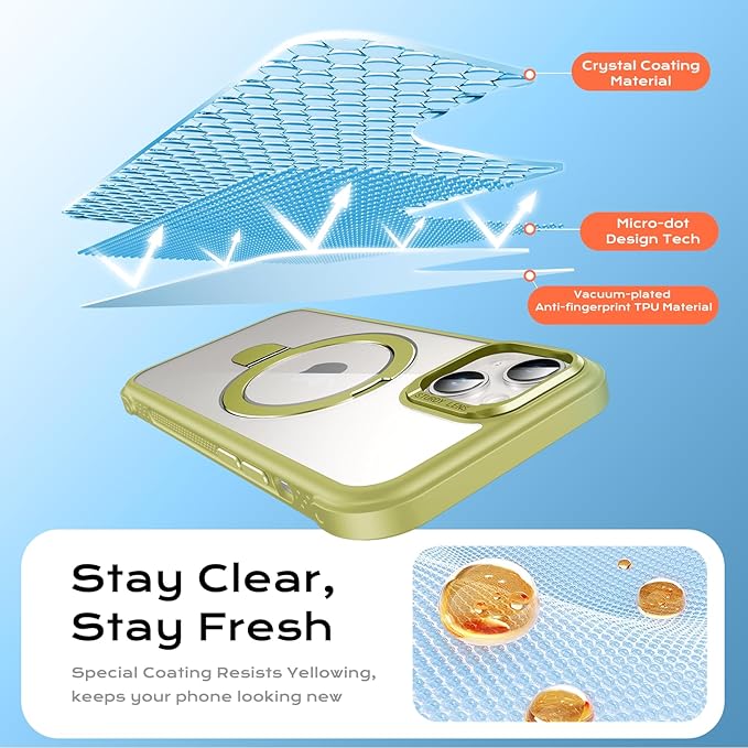 Anqrp O-Ring Magnetic Kickstand Clear Case for iPhone 14/13, Compatible with Mag-Safe, Military-Grade Reinforced 4-Corners Anti-Yellowing Transparent Phone Case Cover for iPhone 13/14, Green