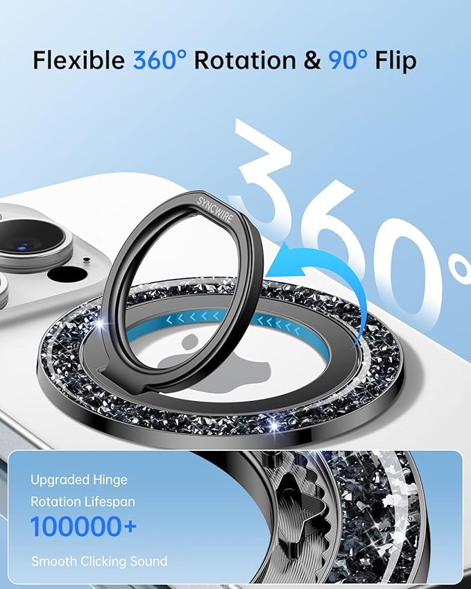 SYNCWIRE Magnetic Phone Ring Holder for MagSafe - Glitter Phone Grip Stand with 360° Rotation & Reinforced Hinge, Compatible with iPhone 16 15 14 13 Pro Max Plus MagSafe Accessories - Glitter Black