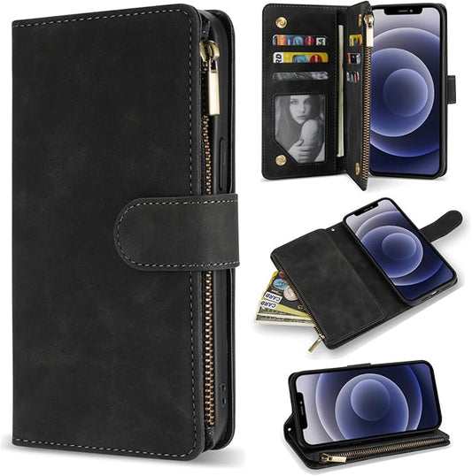 ZZXX for iPhone 12/12 Pro Wallet Case with Card Slot Premium Soft PU Leather Zipper Flip Folio Wallet with Wrist Strap Kickstand Protective for iPhone 12/12 Pro(Black 6.1 inch)