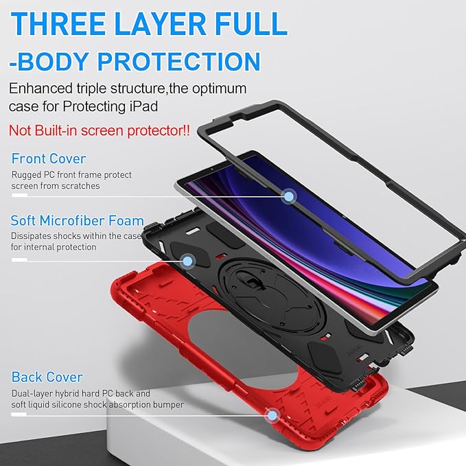 SUPFIVES Case for Samsung Galaxy Tab S10 Plus 12.4 Inch 2024: Tab S9 Plus 12.4 Case with Screen Protecor/S-Pen Holder/Handle/Rotating Kickstand/Shoulder Strap- Red