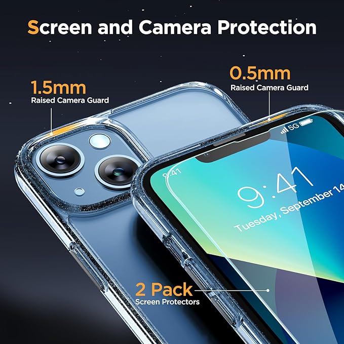 Miracase Magnetic for iPhone 13 Case 6.1 inch (Compatible with MagSafe)（with 2X Screen Protectors） Military-Grade Protection, Anti-Fingerprint Translucent Matte Phone Case Cover, Glitter Clear