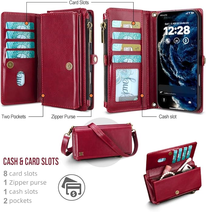 for iPhone 17 Pro Max Wallet Phone Case with 8 Card Holder,RFID Blocking | PU Leather | Kickstand | Flip | Wrist Strap&Shoulder Strap | Shockproof | Zipper Wallet | Women Men | 6.9" | Red