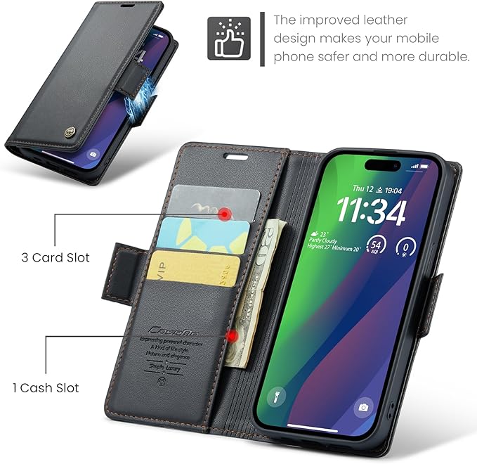 for iPhone 15 Case, Premium PU Leather Wallet Case Flip Cover with [RFID Blocking][Card Holder][Stand Function] Shockproof Protective for iPhone 15 Case, Black