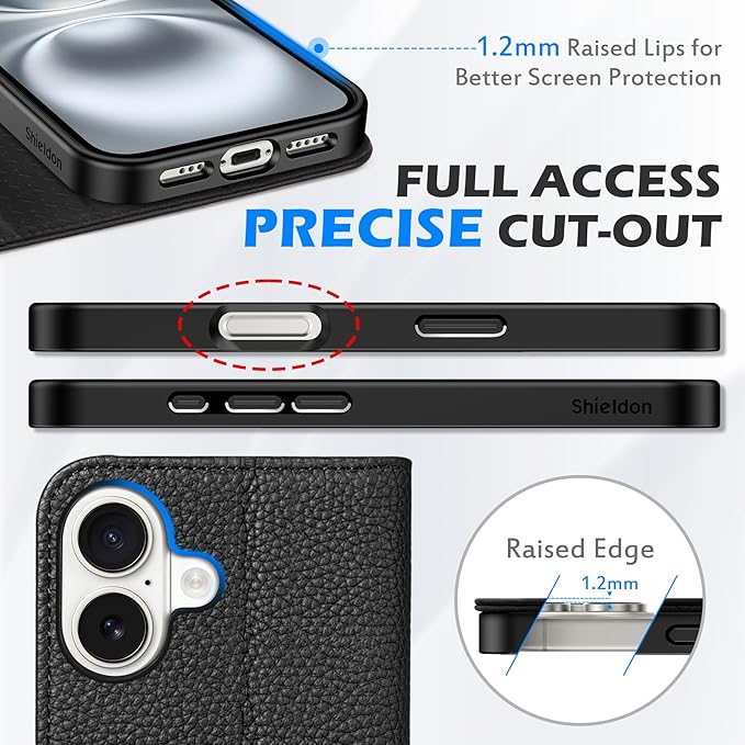 SHIELDON Case for iPhone 16 6.1" 2024, Genuine Leather Wallet Magnetic Cover RFID Blocking Card Slot Kickstand Shock-Absorbent TPU Phone Holder Case Compatible with iPhone 16 5G - Pebbled Black