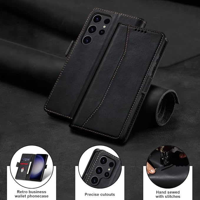 Jasonyu Flip Wallet Case for Samsung Galaxy S23 Ultra 5G,Leather Magnetic Folio Cover with Card Holder,Kickstand - TPU Shockproof Durable Protective Phone Case,Black