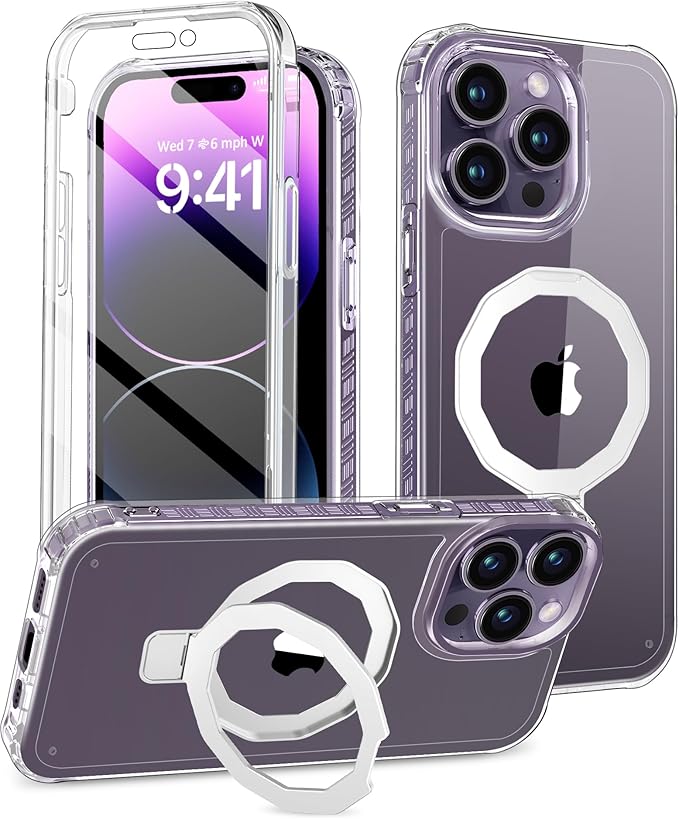 Compatible with iPhone 14 Pro Max Case, Built-in Screen Protector & Seamless Stand, with Camera Lens Protector, Strong Magnetic Clear Phone Case, Full Body Protective Cover for 6.7" (Clear)