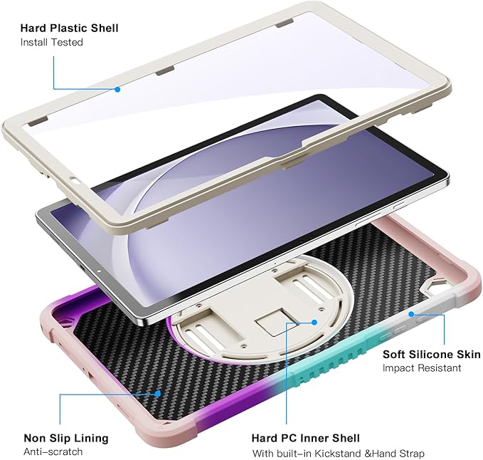 ZtotopCases for Samsung Galaxy Tab A9+ / A9 Plus 11'' 2023 (SM-X210/X216/X218), Shockproof Hard Duty Case with Screen Protector+360 Rotating Hand Strap&Stand+Shoulder Strap for A9+ Tablet, Colorful