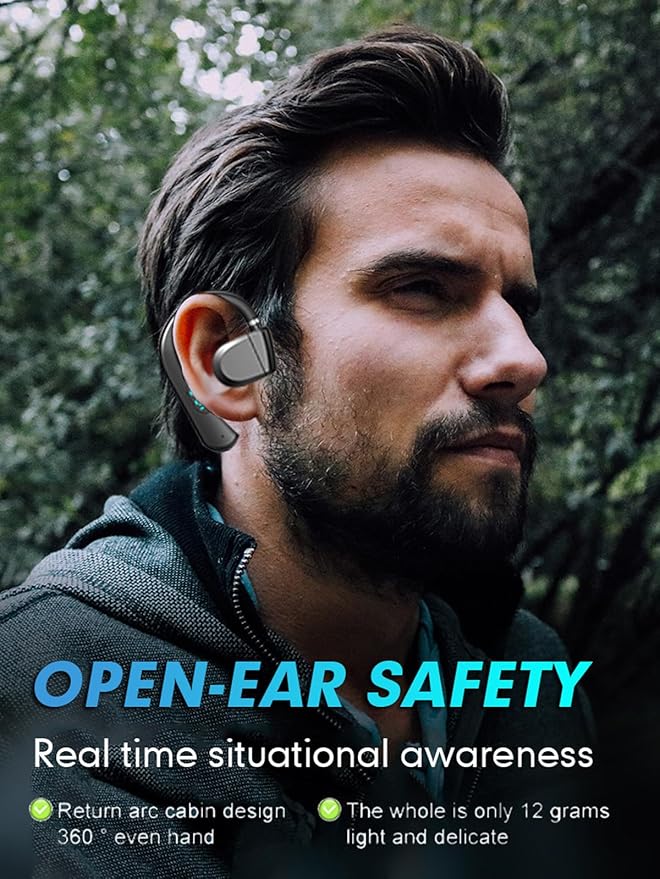One Ear Headset Open Ear Air-Bone Conduction Headphones Wireless Bluetooth Headset Earpiece with Microphone for Cell Phones 30H Playtime Air-Bone Conducting Ear Piece Earphones for Sports Work