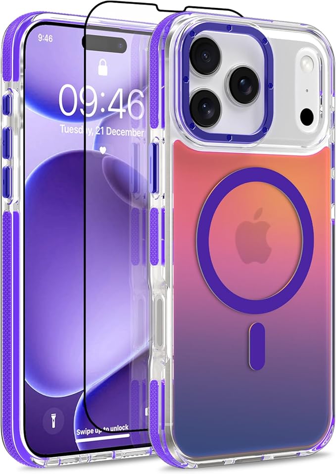 MOWIME Magnetic Case for iPhone 17 Pro [Compatible with Magsafe] [Cute Fashion Fluorescent Design] [1 Screen Protector] Slim Translucent Matte Case for iPhone 17 Pro 6.3" 2025, Purple