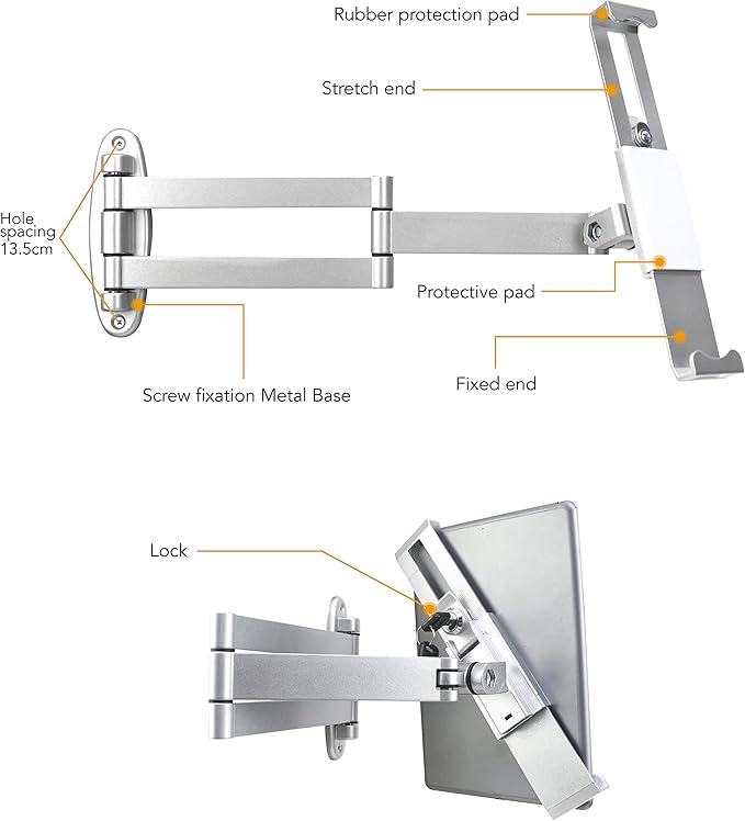 Tablet Wall Mount Holder with fold,Extend Adjustable Arm Swivel &Anti Theft Security Lock &Key, Multi Angle,Bracket for Most 7 to10.8 Inch,for iPad 10.9&11,Galaxy tab,& More(Silver)
