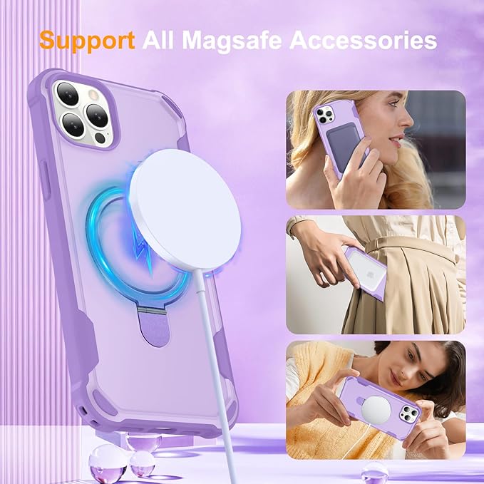Compatible with iPhone 12 Case & iPhone 12 Pro Case with Invisible Magnetic Ring Stand [Compatible with Magnetic] [Military Drop Protection] Shockproof Hard Back Soft Edge 6.1 Inch, Purple