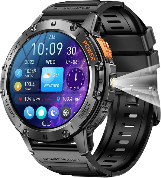 1.43" Amoled Ultra Military Smart Watch for Men(Answer/Dial Calls) 100+Sports Modes,5ATM Waterproof 530mAh Large Battery Super Long Standby with LED Flashlight,Heart Rate,SpO2,BP Android iOS